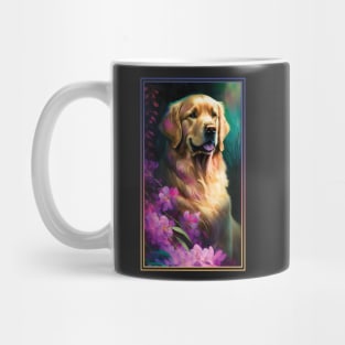 Golden Retriever Dog Vibrant Tropical Flower Tall Digital Oil Painting Portrait Mug